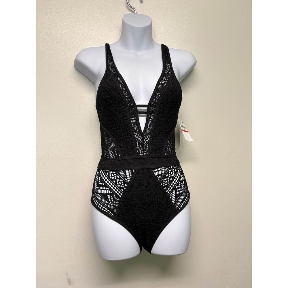 XS Becca Swimwear Castaway Show Tell Plunge Neckline OnePiece Swimsuit Black NWT